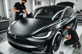 Tesla Model X matte black wrap installation